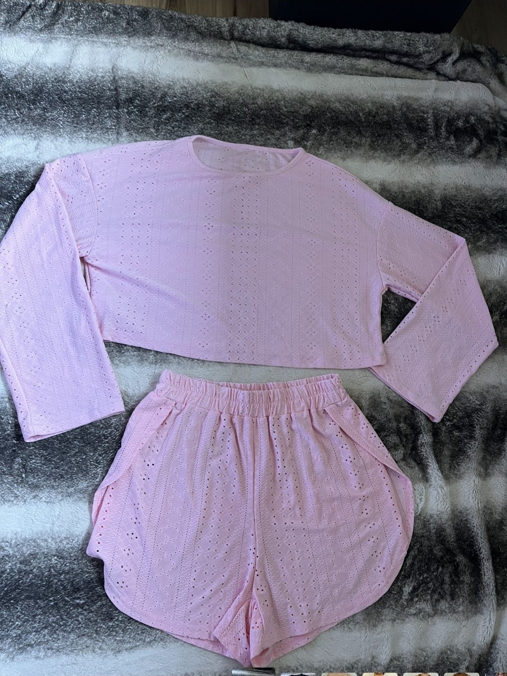 Women's Pink Eyelet Lounge Set - Lightweight Top & Shorts